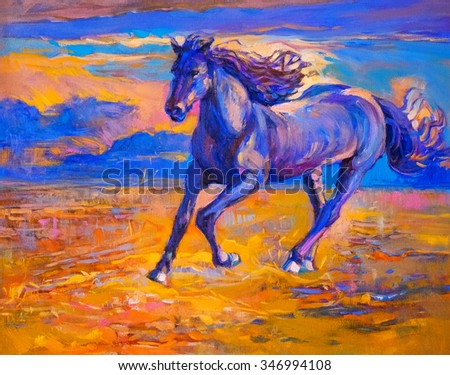 Oil painting of a running horse. Modern art