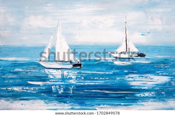 Oil Painting - Sailing Boat, blue abstract wall painting. 