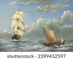 Oil painting sailing ship and fishing boat at sea. Seascape, artwork, fine art