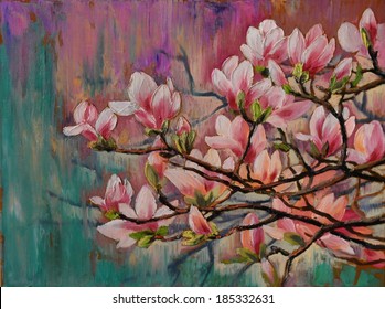 oil painting - sakura branch on abstract background, art drawing, blossom, Japanese cherry tree