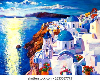 Oil Painting. Santorini Painting. Modern Art.