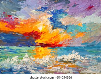 Oil painting of the sea, multicolored sunset on the horizon, watercolor