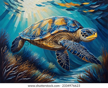 Oil Painting of a Sea Turtle in Watercolor Style, protect the ocean