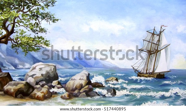 Oil painting. Sea views. Wallpaper with ship and sea.