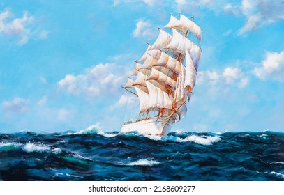 Oil Painting, Seascape, Ship In The Ocean