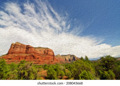 oil painting showing a beautiful scenic red sandstone rock landscape