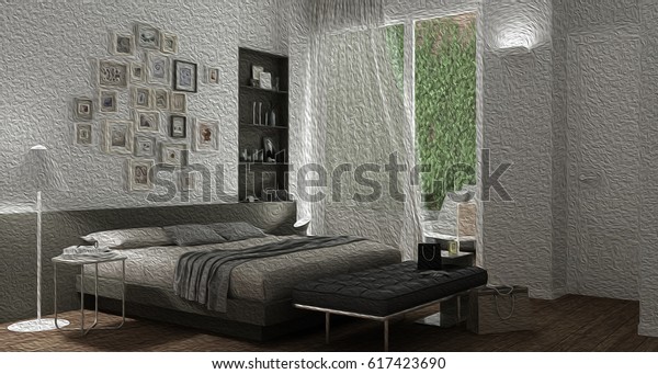 Oil Painting Showing Modern Bedroom Big Stock Image