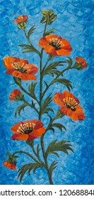 Oil painting of a single flower with several orange flowers and a blue background