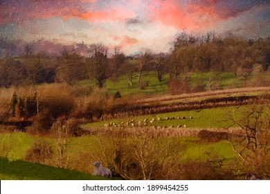 Oil painting and sketch of a view across the English countryside with dramatic sunset