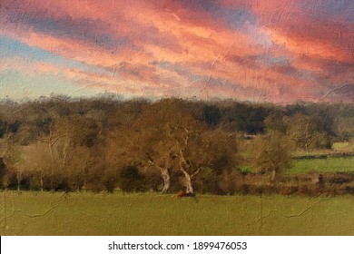 Oil painting and sketch of a view across the English countryside with dramatic sunset