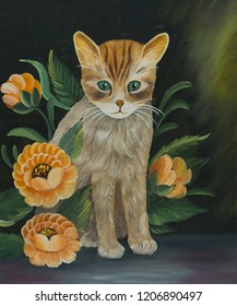 Oil painting - A small beige striped cat sitting on the table between orange flowers