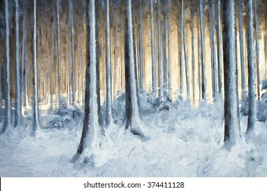 Oil Painting Snowy Trees In The Winter Forest