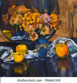 Oil painting still life and   bouquet flowers in vase around the fabric  apples   mirror reflection flowers  On  Canvas and  texture