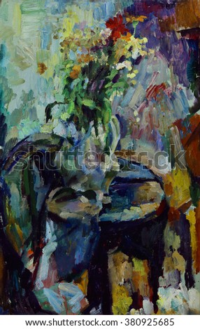 Oil painting still life with  flowers in a vase in bright colors in impressionist style On Canvas