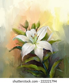 Oil Painting Still Life Of White Lily Flower With Green Leaf