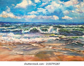 Oil painting. Storm on the sea. Seagulls. - Powered by Shutterstock