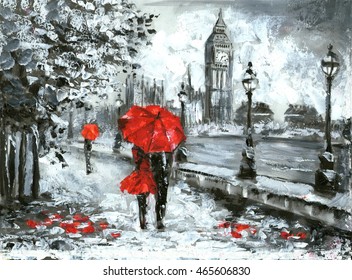 Oil Painting, Street View Of London. Artwork, Black, White And Red, Big Ben