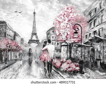 Oil Painting, Street View Of Paris. European City Landscape