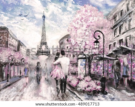 Oil Painting, Street View of Paris. european city landscape