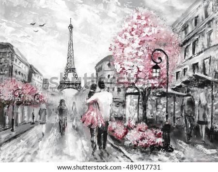Oil Painting, Street View of Paris. european city landscape