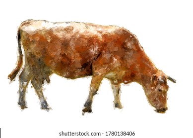 Oil Painting Style - Dairy Cow On White Background