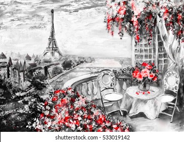 Oil Painting, summer cafe in Paris. gentle city landscape. Abstract flower. View from above, balcony with flower.. Eiffel tower, France, wallpaper. modern art
