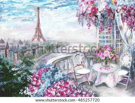 Oil Painting, summer cafe in Paris. gentle city landscape. View from above
