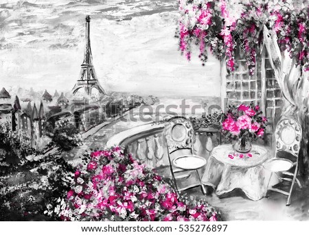 Oil Painting, summer cafe in Paris. gentle city landscape. Abstract flower. View from above balcony. Eiffel tower, France, wallpaper. modern art