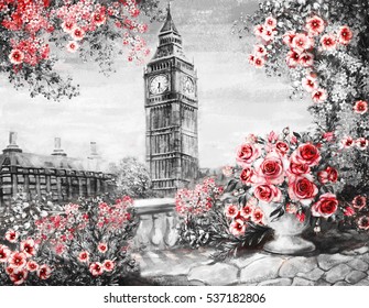 Oil Painting, Summer In London. Gentle City Landscape. Flower Rose And Leaf. View From Above Balcony. Big Ben, England, Wallpaper. Watercolor Modern Art. Red. Black And White