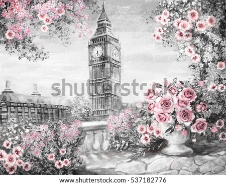 Oil Painting, summer in London. gentle city landscape. flower rose and leaf. View from above balcony. Big Ben, England, wallpaper. watercolor modern art. Gray, pink