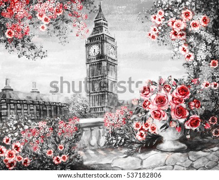 Oil Painting, summer in London. gentle city landscape. flower rose and leaf. View from above balcony. Big Ben, England, wallpaper. watercolor modern art. Red. black and white