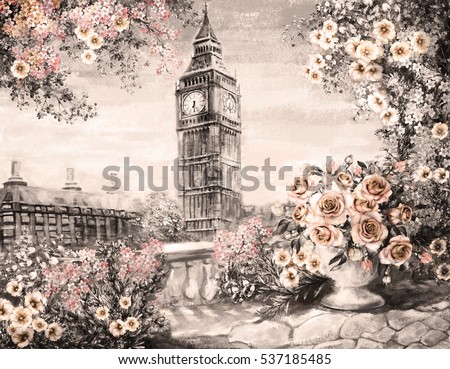 Oil Painting, summer in London. gentle city landscape. flower rose and leaf. View from above balcony. Big Ben, England, wallpaper. watercolor modern art. Sepia