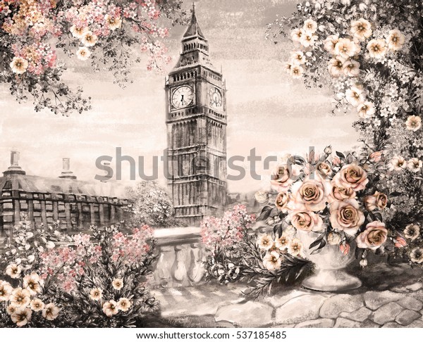 ロンドンの夏 油彩画 穏やかな都市の風景 花はバラと葉 バルコニーの上から見る ビッグベン イギリス 壁紙 水彩現代美術 セピア のイラスト素材