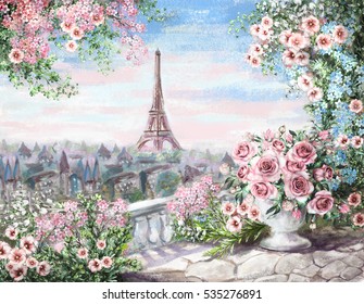 Oil Painting, summer in Paris. gentle city landscape. flower rose and leaf. View from above balcony. Eiffel tower, France, wallpaper. watercolor modern art