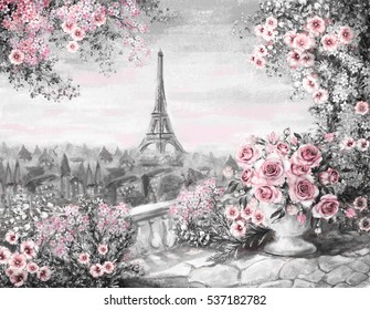 Oil Painting, Summer In Paris. Gentle City Landscape. Flower Rose And Leaf. View From Above Balcony. Eiffel Tower, France, Wallpaper. Watercolor Modern Art. Gray And Pink