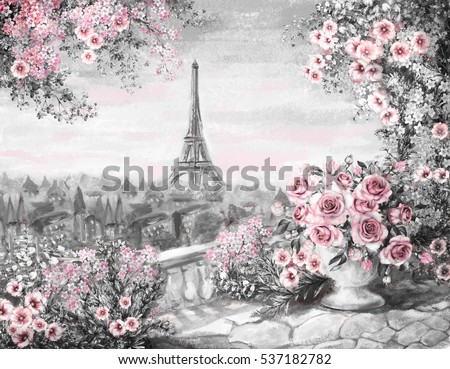 Oil Painting, summer in Paris. gentle city landscape. flower rose and leaf. View from above balcony. Eiffel tower, France, wallpaper. watercolor modern art. Gray and pink