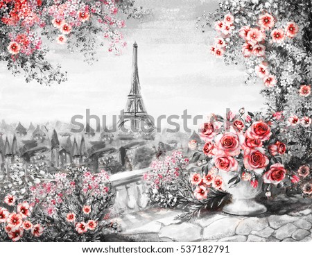 Oil Painting, summer in Paris. gentle city landscape. flower rose and leaf. View from above balcony. Eiffel tower, France, wallpaper. modern art. Black, white and red