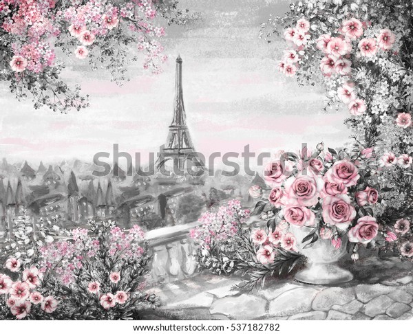 パリの夏 油彩画 穏やかな都市の風景 花はバラと葉 バルコニーの上から見る エッフェルタワー フランス 壁紙 水彩のモダンアート グレーとピンク の イラスト素材