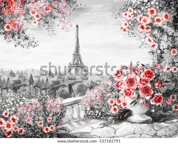 パリの夏 油彩画 穏やかな都市の風景 花はバラと葉 バルコニーの上から見る エッフェルタワー フランス 壁紙 黒 白 赤のモダンアート のイラスト素材