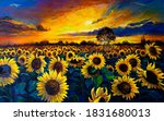 Oil Painting. Sunflower field. Modern art.