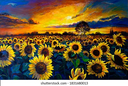 Oil Painting. Sunflower Field. Modern Art.