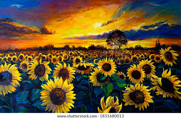 Oil Painting. Sunflower field. Modern art digital print. 