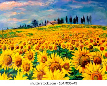 Oil painting with sunflower field. Wall Art.
