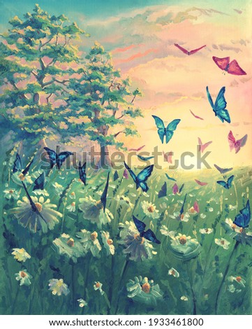 Oil painting sunset landscape on canvas with butterflies, beautiful flowers, meadow with green grass, floral artwork with magical chamomile garden. Hand drawn nature illustration.