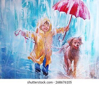 Oil Painting, Teenager,  Kindness, Child With A Dog In The Rain