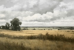 An Oil Painting Of A Traditional English Countryside View Of Farm Fields