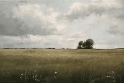 An Oil Painting Of A Traditional English Countryside View Of Farm Fields