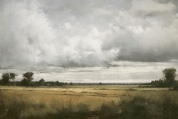 An Oil Painting Of A Traditional English Countryside View Of Farm Fields