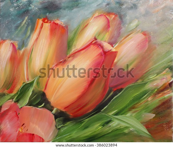 Oil Painting Tulips Glass Vase Stock Illustration 386023894