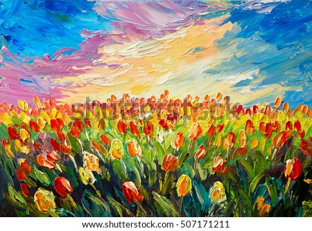 oil painting, tulips on a background of beautiful sunrise, impressionism art